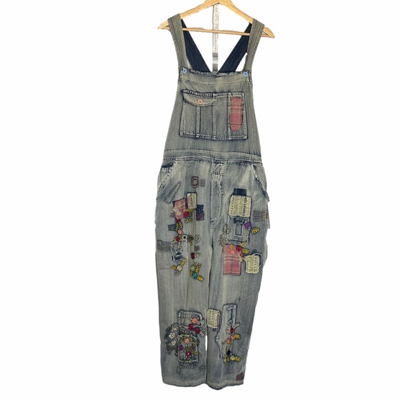 NWT Blue Velvet Wildflower Roads Embroidered Denim Overalls Size L Boho Vintage - Picture 2 of 16